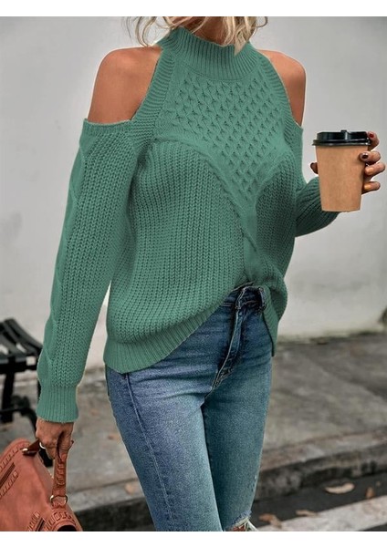 Kadın Balıkçı Yaka Omuzu Açık Selanik Saç Örgü Detaylı Mint Yeşili Triko Kazak fırsatları