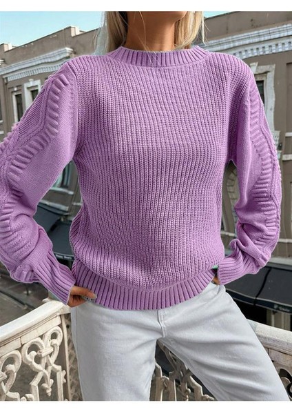 Selanik Örgü Kol Motifli Bisiklet Yaka Lila Triko Kazak fiyatları