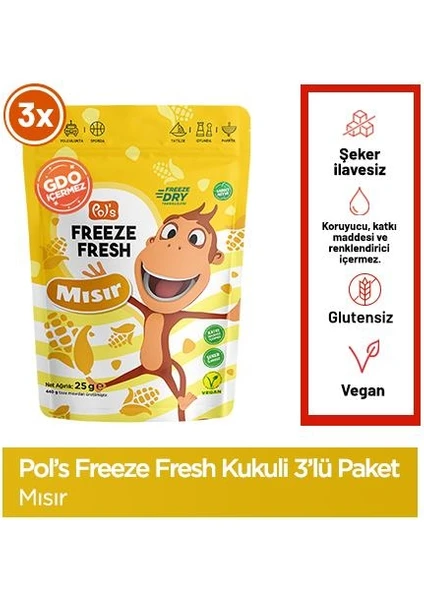  Pol's Freeze Fresh Kukuli Mısır 25 g x 3 Adet Freeze Dry Dondurularak Kurutulmuş Meyve