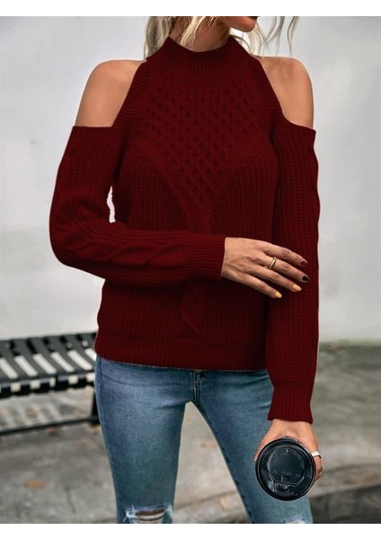 Kadın Balıkçı Yaka Omuzu Açık Selanik Saç Örgü Detaylı Bordo Triko Kazak fırsatları