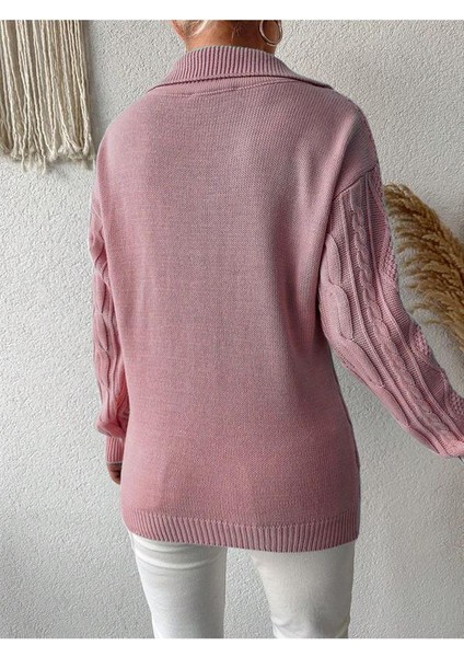 Örgü Desenli Polo Yaka Dekolte Detaylı Triko Kazak Pudra fiyatları