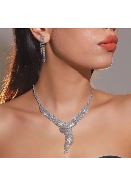 Gümüş Kaplama Taşlı Tasarım Kolye Küpe Takı Seti PS3701