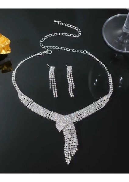 Gümüş Kaplama Taşlı Tasarım Kolye Küpe Takı Seti PS3701 indirimleri