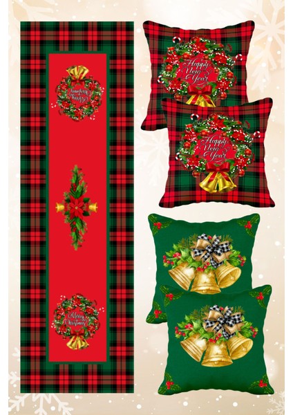 Yılbaşı Christmas Temalı Ekoseli 4 Kırlent Kılıfı 1 Runner Set