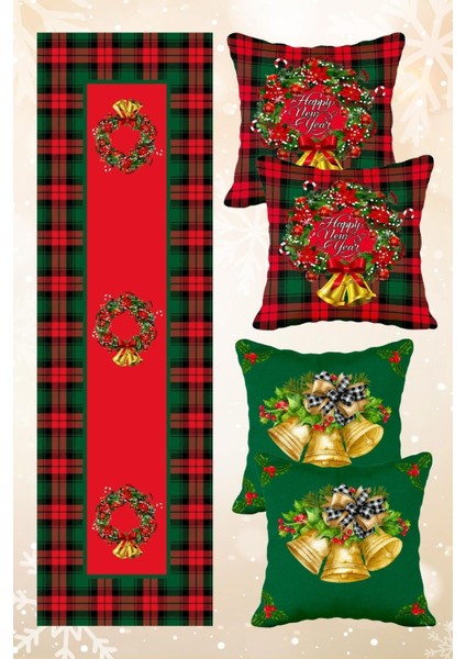 Yılbaşı Christmas Temalı Ekoseli 4 Kırlent Kılıfı 1 Runner Set fiyatları