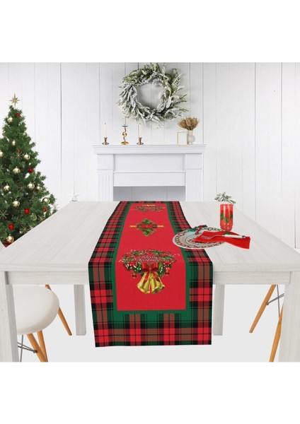 Yılbaşı Christmas Temalı Ekoseli 4 Kırlent Kılıfı 1 Runner Set modelleri