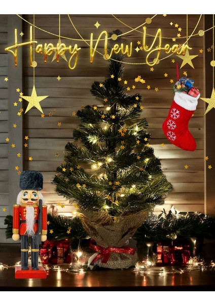 Işıklı Yılbaşı Çam Ağacı Kütük Tabanlı Jüt Ipli Masaüstü Yeni Yıl Noel Ağacı