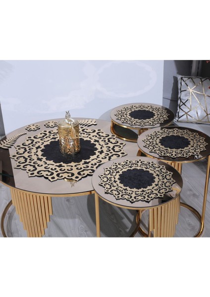 Sehpa Örtü Seti/1 Ad Ortasehpa Runnerı (60CM)/3 AD(33CM)ÖRTÜSÜ/SIYAH Kadife/gold Işlemeli/4 Parça