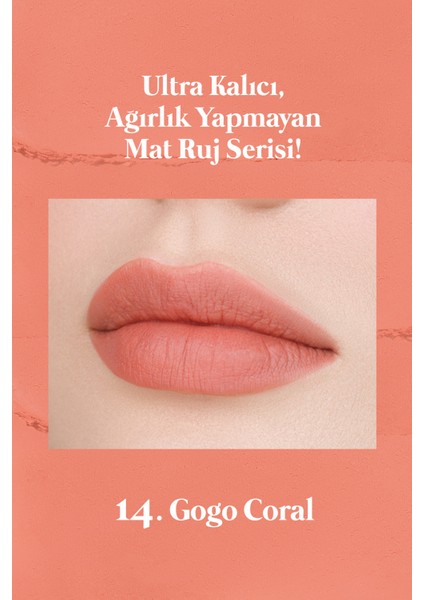 Mat Bitişli ve Uzun Süre Kalıcı Stick Ruj PERIPERA Ink Mood Matte Stick (14 Gogo Coral)