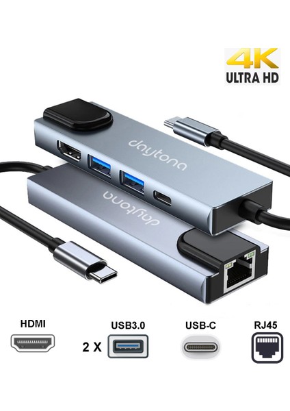 CF55 Macbook Android Uyumlu Type-C to 2*USB 3.0 4K HDMI Ethernet RJ45 PD Çevirici Hub Adaptör