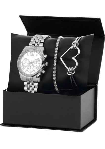 Bayan Gri Metal Kol Saati Kalpli Bileklik Kombin Set PS3647