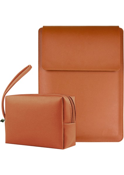 13-Inç Çizilmez Pu Deri Laptop Çantası Ayarlanabilir Standlı+Küçük Çanta-Kahverengi (Yurt Dışından)