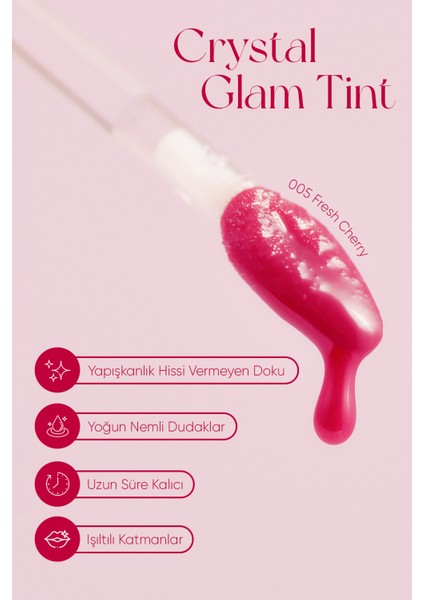 Yapışkanlık Hissi Vermeyen Yoğun Işıltılı Tint CLIO Crystal Glam Tint (05 Fresh Cherry)