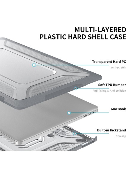 MacBook Pro 16 Inç (2019) A2141 (Ab Versiyonu) Sert Pc Şok Emici Kapak Kickstand Koruyucu Dizüstü Bilgisayar Kılıfı Kabuk, Tpu Klavye Filmi + Toz Önleyici Fişler-Gri (Yurt Dışından) modelleri