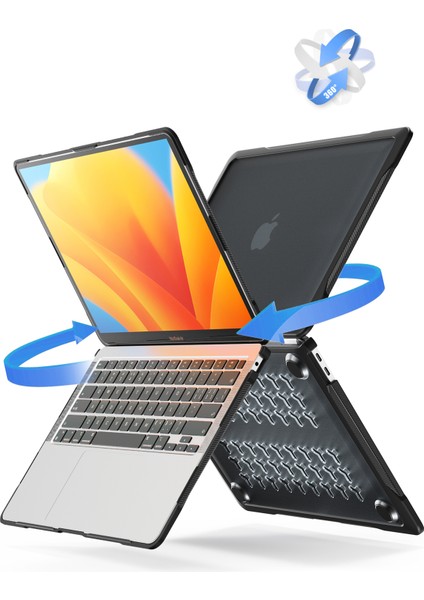 MacBook Air 13 INÇ(2018)A1932 /(2020)A2337 M1 A2179 Darbeye Dayanıklı Pc + Tpu Kapak Anti-Düşme Laptop Kılıfı-Şeffaf Siyah (Yurt Dışından)