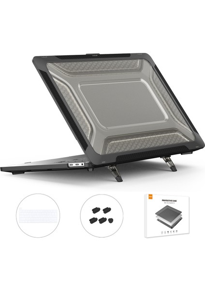 MacBook Pro 16 Inç (2019) A2141 (Ab Versiyonu) Sert Pc Şok Emici Kapak Kickstand Koruyucu Dizüstü Bilgisayar Kılıfı Kabuğu, Tpu Klavye Filmi + Toz Önleyici Fişler-Siyah (Yurt Dışından)