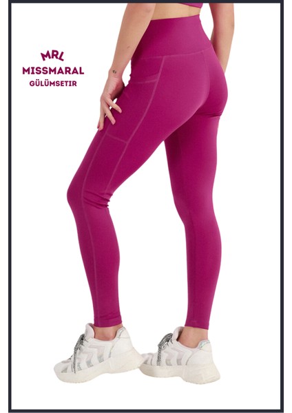 Miss Maral Kadın Mürdüm Rengi Yüksek Bel Toparlayıcı Çift Cepli Spor Tayt Bilek Boy  Slim Fit Görünüm 1057