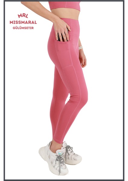 Kadın Gül Kurusu Yüksek Bel Toparlayıcı Çift Cepli Spor Tayt Bilek Boy Slim Fit Görünüm 1057