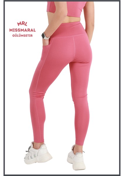 Kadın Gül Kurusu Yüksek Bel Toparlayıcı Çift Cepli Spor Tayt Bilek Boy Slim Fit Görünüm 1057 fiyatları