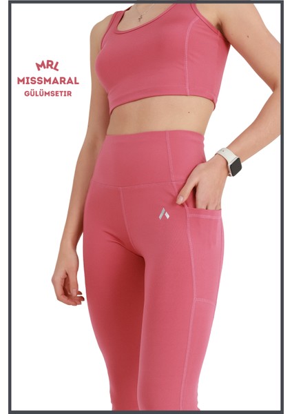 Kadın Gül Kurusu Yüksek Bel Toparlayıcı Çift Cepli Spor Tayt Bilek Boy Slim Fit Görünüm 1057 modelleri