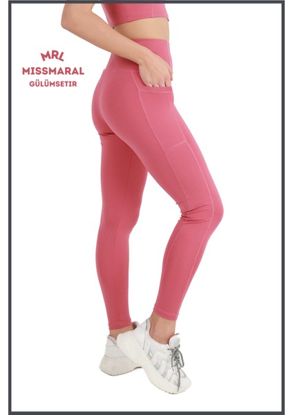 Kadın Gül Kurusu Yüksek Bel Toparlayıcı Çift Cepli Spor Tayt Bilek Boy Slim Fit Görünüm 1057 fırsatları