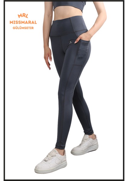 Kadın Antrasit Yüksek Bel Toparlayıcı Çift Cepli Spor Tayt Bilek Boy Slim Fit Görünüm 1057