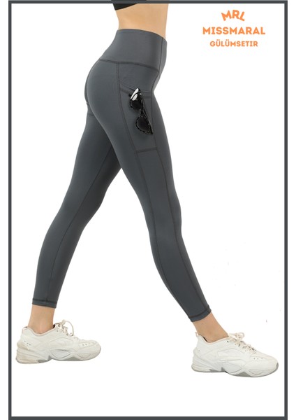 Kadın Antrasit Yüksek Bel Toparlayıcı Çift Cepli Spor Tayt Bilek Boy Slim Fit Görünüm 1057 modelleri