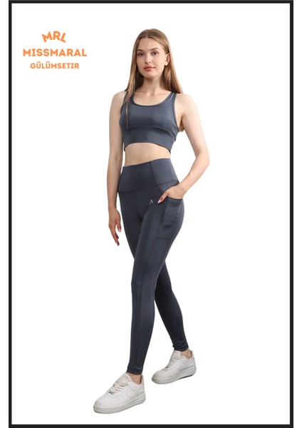 Kadın Antrasit Yüksek Bel Toparlayıcı Çift Cepli Spor Tayt Bilek Boy Slim Fit Görünüm 1057 fırsatları