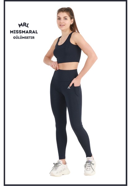 Kadın Lacivert Yüksek Bel Toparlayıcı Çift Cepli Spor Tayt Bilek Boy Slim Fit Görünüm 1057 fırsatları