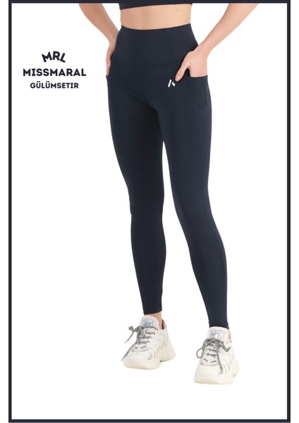 Kadın Lacivert Yüksek Bel Toparlayıcı Çift Cepli Spor Tayt Bilek Boy Slim Fit Görünüm 1057