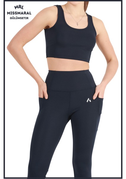 Kadın Lacivert Yüksek Bel Toparlayıcı Çift Cepli Spor Tayt Bilek Boy Slim Fit Görünüm 1057 modelleri