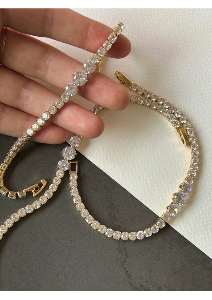 Gold Renk Yuvarlak Kesim Sıralı Zirkon Taşlı Bileklik fiyatları