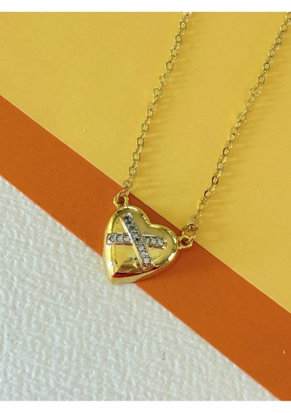 Gold Renk Çelik Hayalet Zincir x Deseni Zirkon Taşlı Kalp Kolye