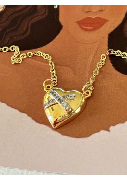 Gold Renk Çelik Hayalet Zincir x Deseni Zirkon Taşlı Kalp Kolye fırsatları