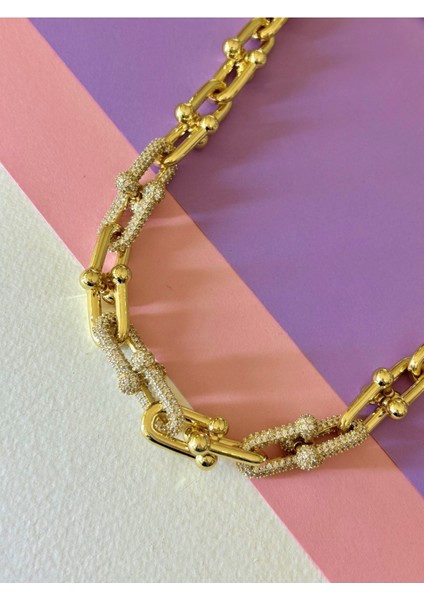 Gold Renk Çelik Kalın Ortası Zirkon Taş Işlemeli Ithal Marka Tiff Model Kolye