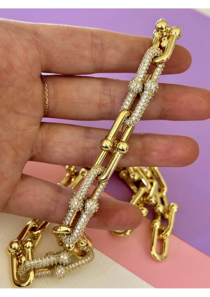 Gold Renk Çelik Kalın Ortası Zirkon Taş Işlemeli Ithal Marka Tiff Model Kolye