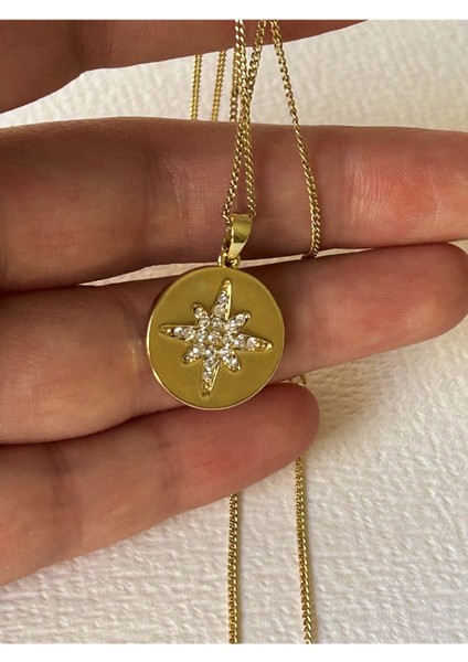 Gold Renk Çelik Rodyum Kaplama Kutup Yıldızı Zirkon Taşlı Yuvarlak Kolye fiyatları