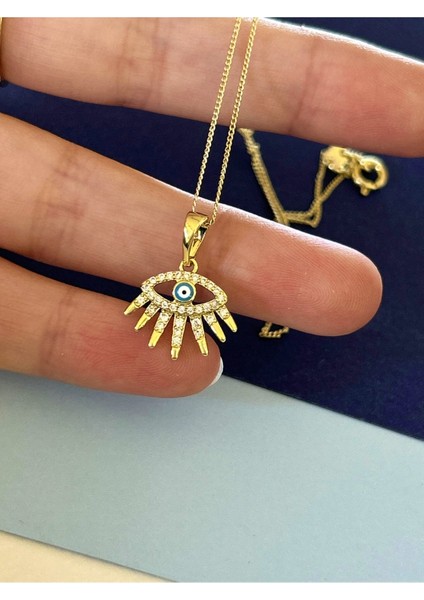 Gold Renk Çelik Zirkon Taş Işlemeli Nazar Boncuklu Göz Figürlü Kolye fiyatları