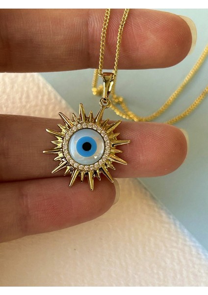Gold Renk Çelik Zirkon Taşlı Nazar Boncuklu Güneş Figürlü Kolye fiyatları