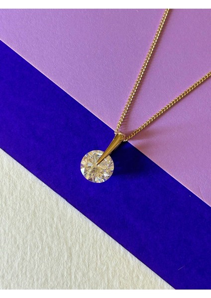 Rose Renk Çelik Büyük Yuvarlak Zirkon Taş Detaylı Kolye