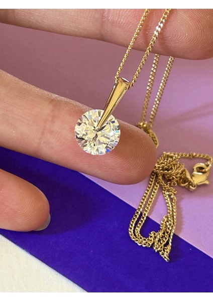 Rose Renk Çelik Büyük Yuvarlak Zirkon Taş Detaylı Kolye fiyatları