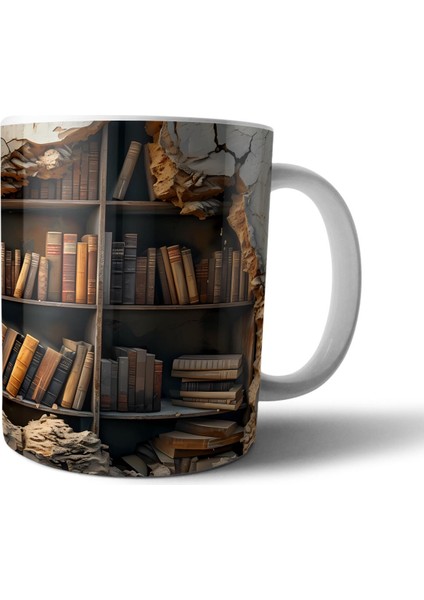 Kitap Kurdu Kitapsever Kütüphane Optik Illüzyonlu Kupa Bardak Model 4
