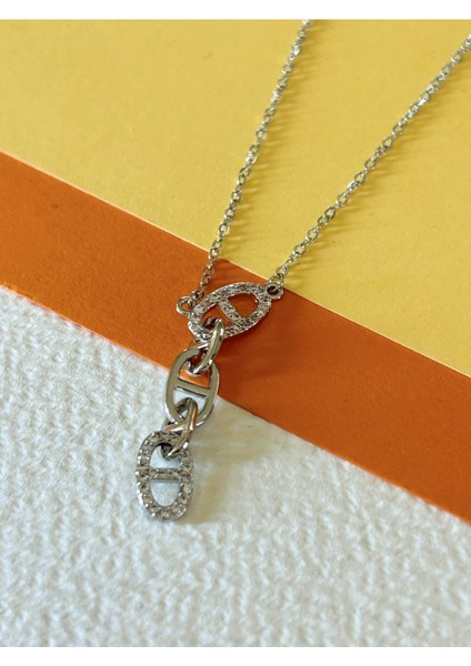 Silver Renk Hayalet Zincir Zirkon Taşlı Oval Bağlantılı Zincir Uçlu Çelik Kolye