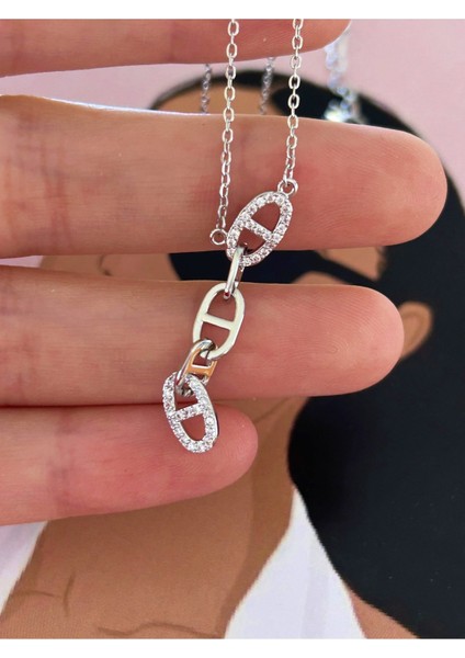 Silver Renk Hayalet Zincir Zirkon Taşlı Oval Bağlantılı Zincir Uçlu Çelik Kolye fiyatları