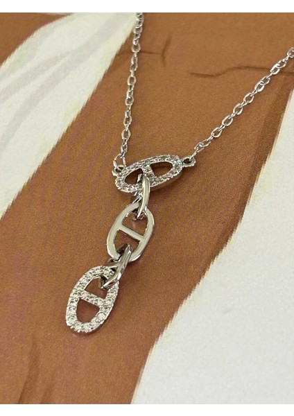 Silver Renk Hayalet Zincir Zirkon Taşlı Oval Bağlantılı Zincir Uçlu Çelik Kolye modelleri