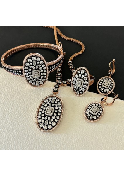 93 gr Rose Renk Büyük Oval Baget Tasarım 925 Gümüş Elmas Montür Kolye Yüzük Küpe Kelepçe Set