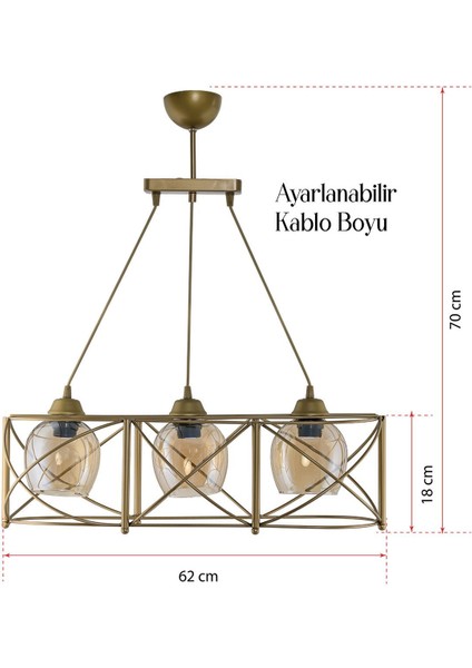 Üçlü Curva Metal Avize Sıralı Bal Rengi Camlı
