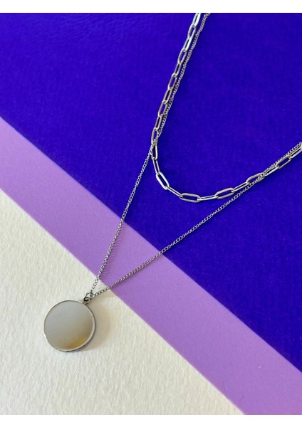 Silver Renk Çelik Parlak Çift Zincir Detaylı Çoklu Daire Kolye modelleri