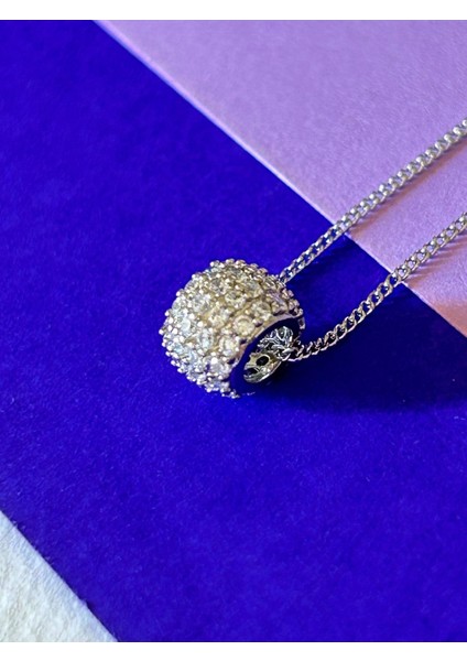 Silver Renk Çelik Zirkon Taş Işlemeli Top Charm Uçlu Kolye