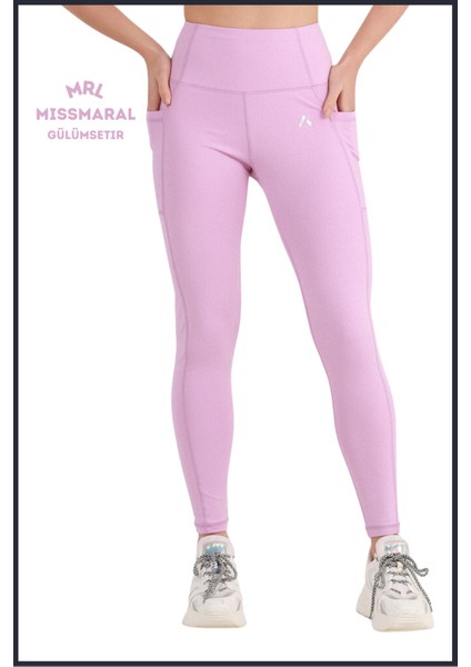 Kadın Lila Rengi Yüksek Bel Toparlayıcı Çift Cepli Spor Tayt Bilek Boy Slim Fit Görünüm 1057